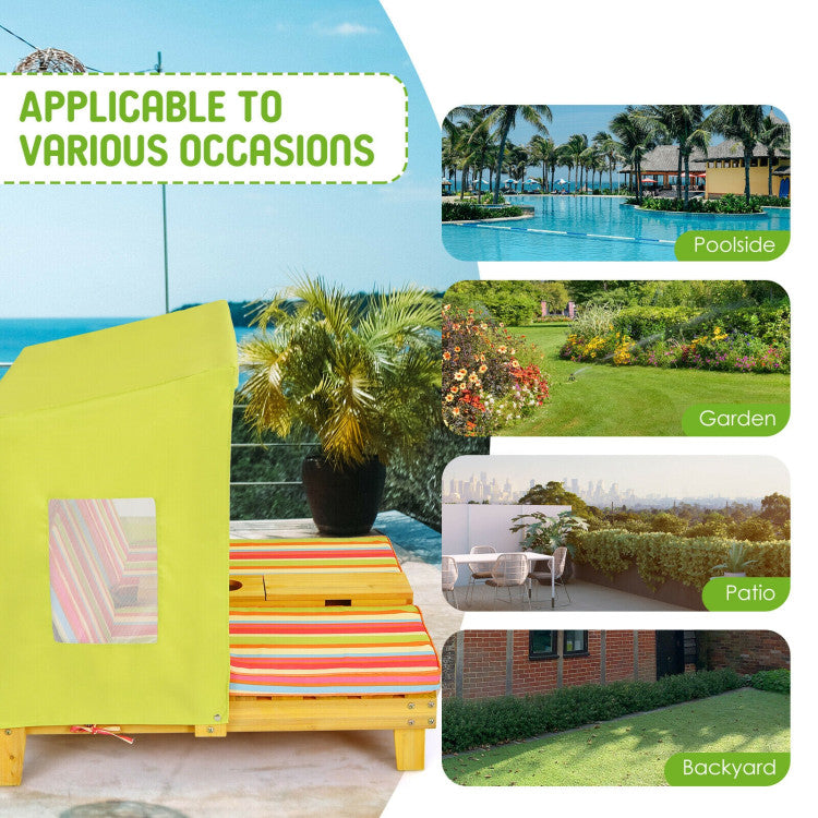 Outdoor furniture with a striped cover displayed in various settings including poolside, garden, patio, and backyard.