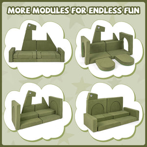 Green modular sofa set with various configurations on a light green background.