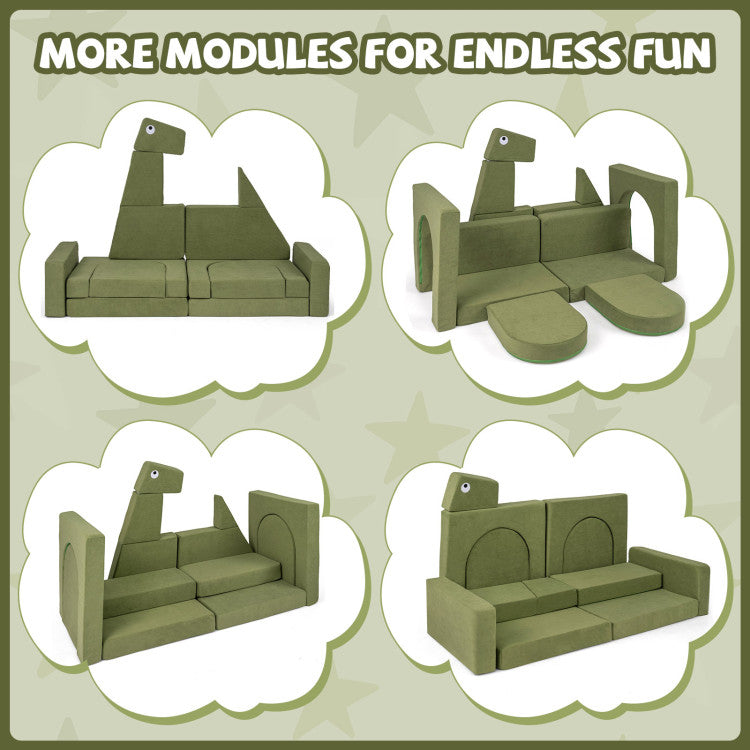 Green modular sofa set with various configurations on a light green background.