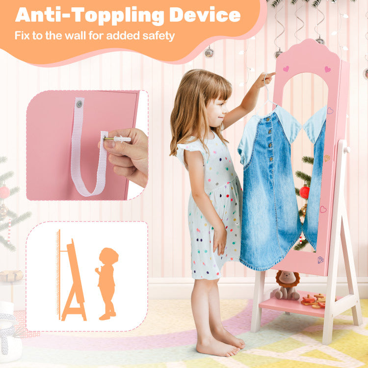 Child using a pink anti-toppling device on a standing mirror with text indicating safety feature.