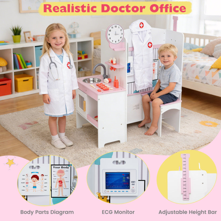 Children playing in a pretend doctor's office with a playset and educational posters.