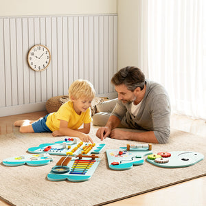 Kids Montessori busy board with clock, xylophone, maze, gears, and abacus