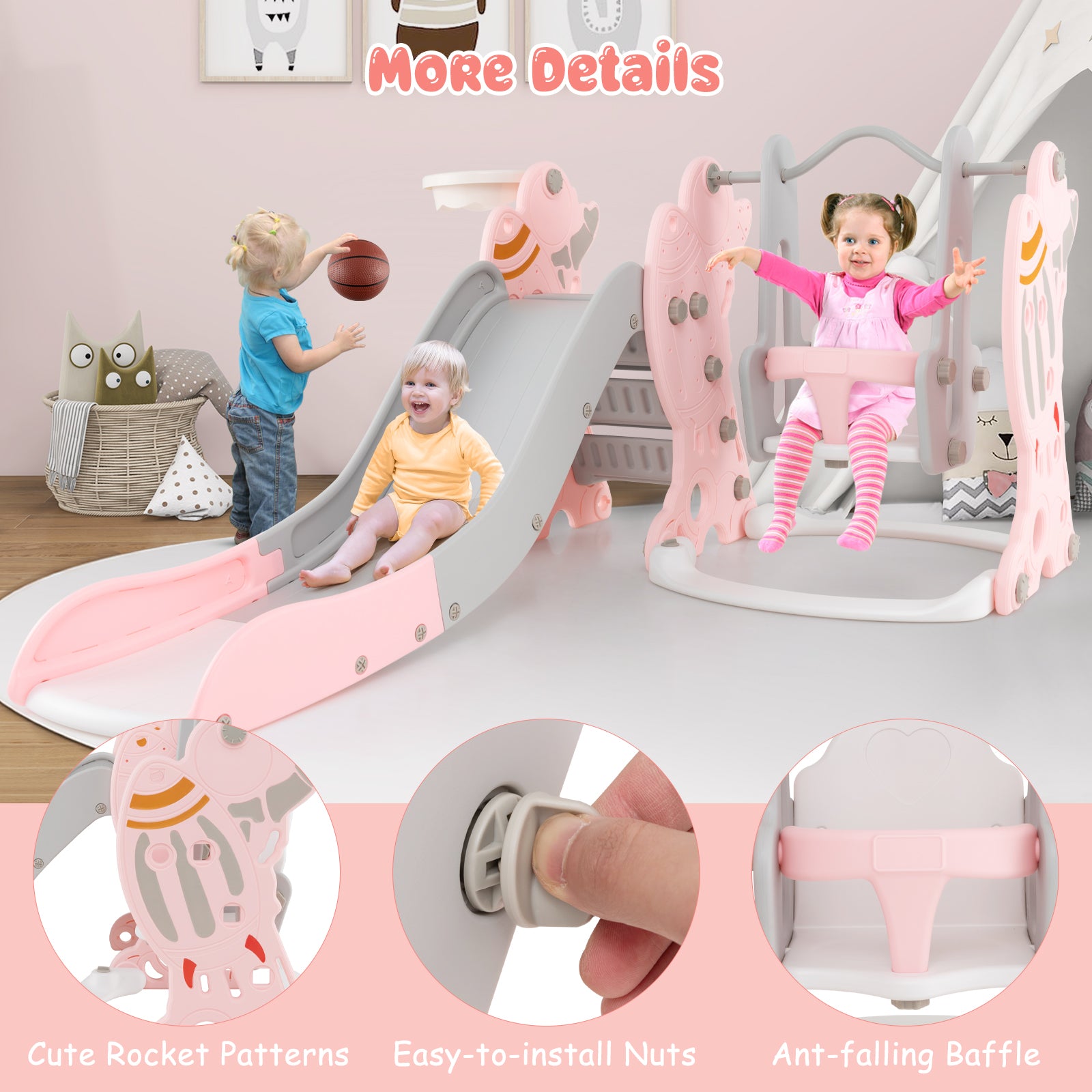 Children's play area with slide and swing set, featuring kids playing and close-up details of the product.