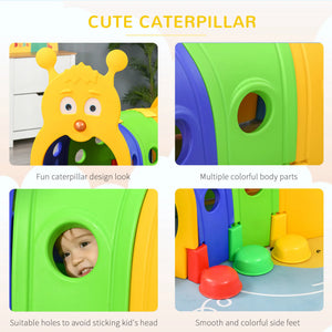 Children's play tunnel with caterpillar design, featuring multiple colorful body parts and suitable holes.