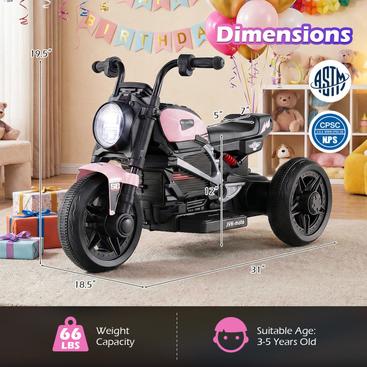Children's toy motorcycle with dimensions and safety certifications displayed in a room setting.