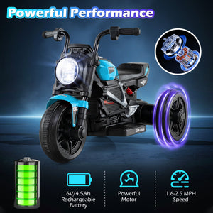 Toy motorcycle with glowing wheels on a dark background, featuring text about powerful performance.