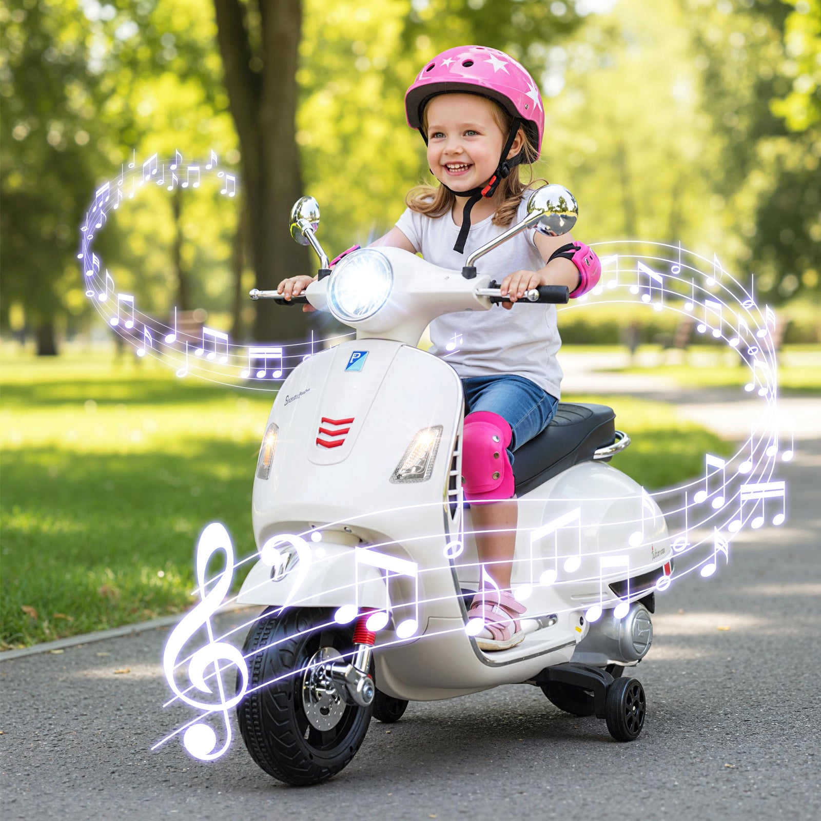 Child riding a toy scooter in a park with a pink helmet and knee pads.