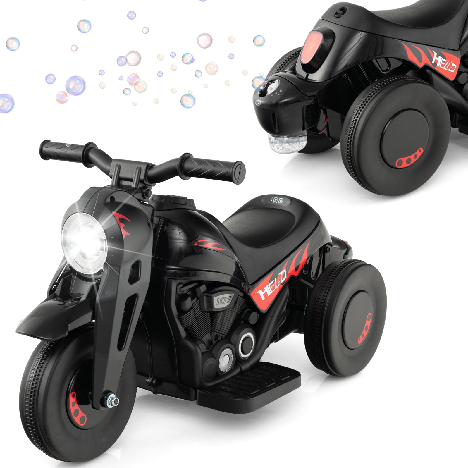 Black and red toy motorcycle with bubble effect on a white background