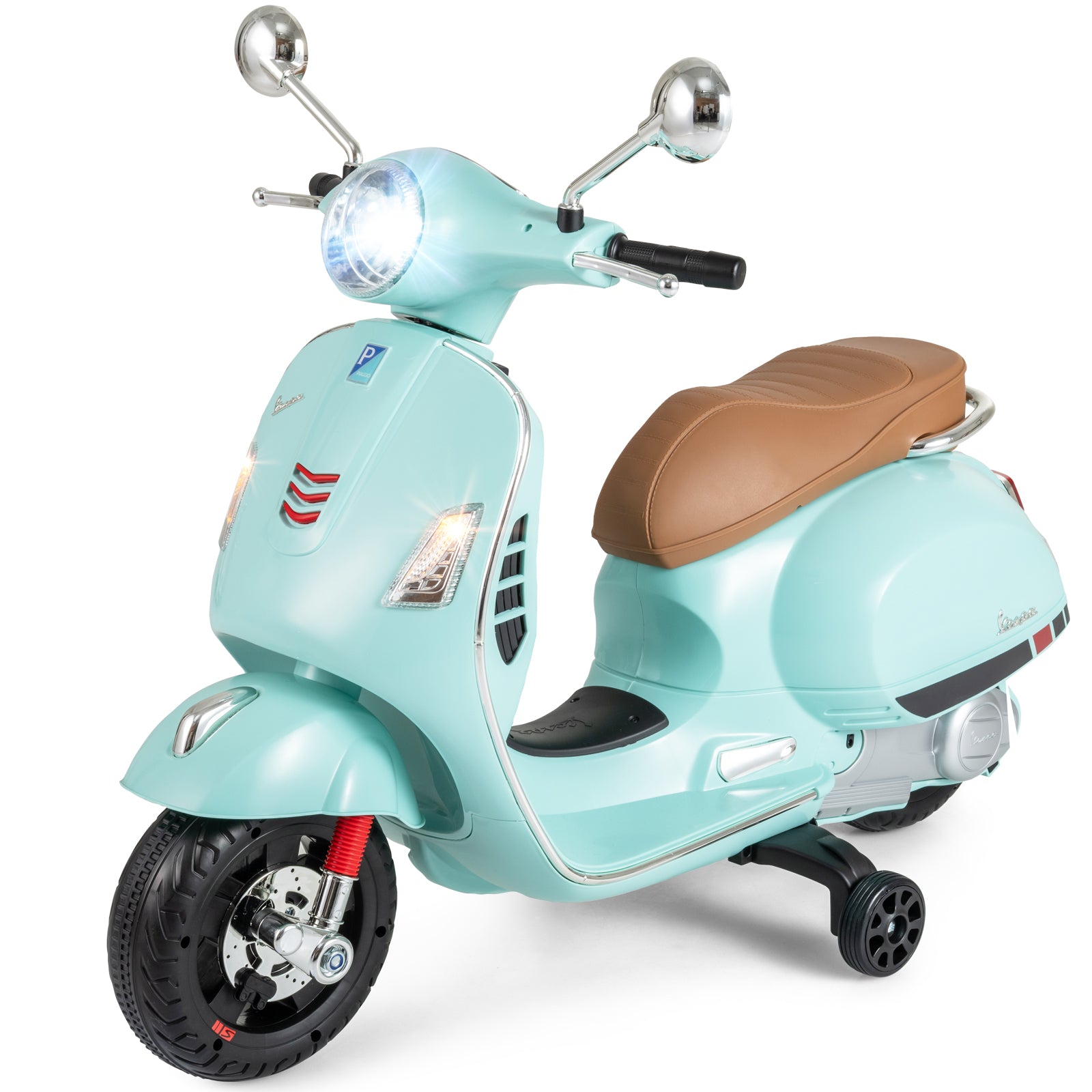 Light blue toy scooter with brown seat on a white background