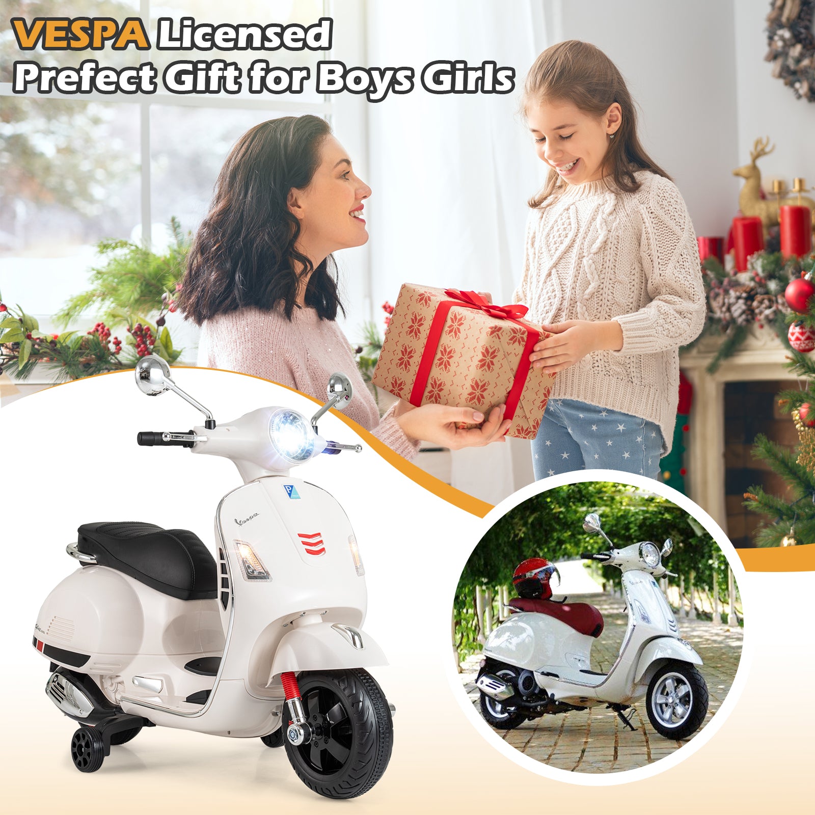 Child receiving a Vespa toy scooter as a gift from a woman, with festive decorations in the background.