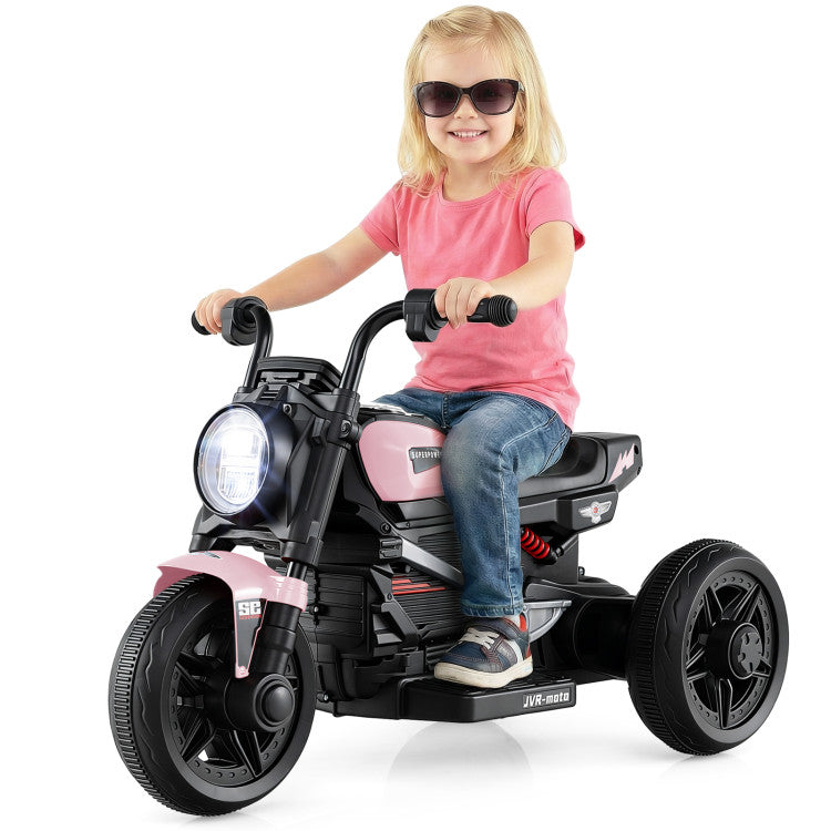 Child riding a toy motorcycle with pink accents on a white background