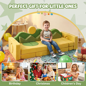 Child sitting on a yellow and green play couch with festive decorations and family photos.