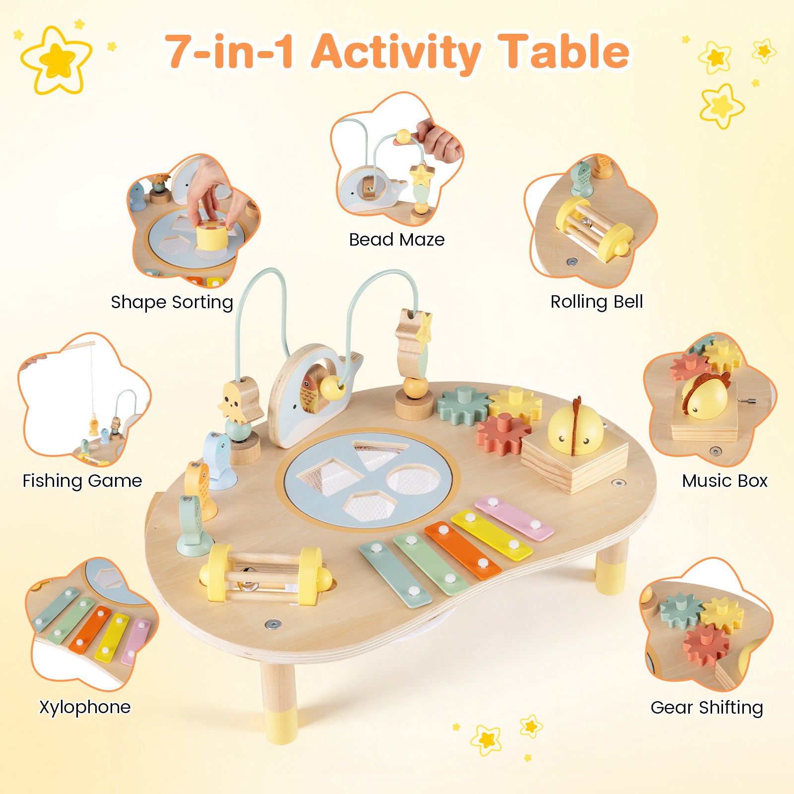 Musical learning toy table featuring xylophone music box and rolling bell