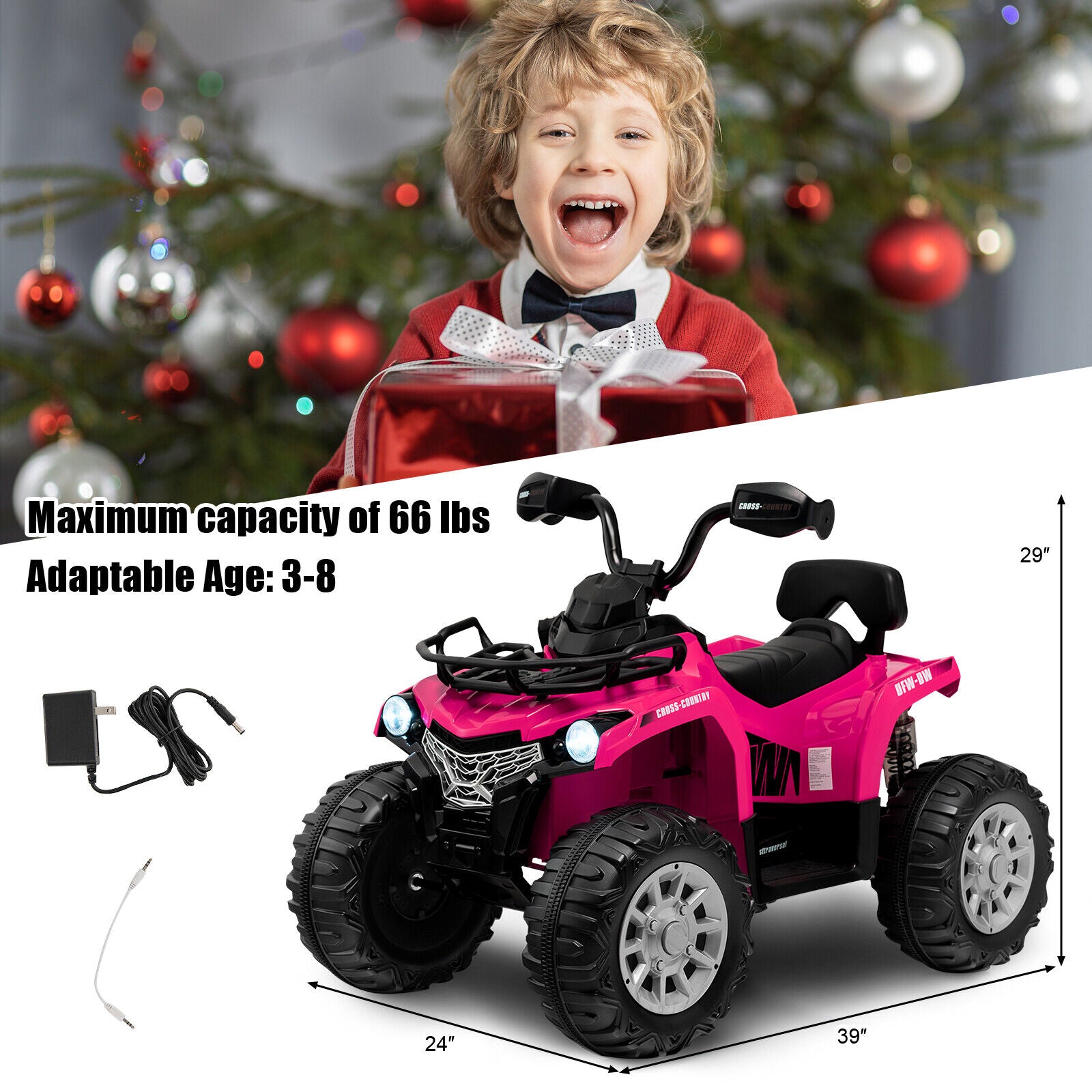 Child in a red coat with a toy car, Christmas tree in the background