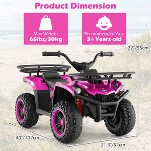 Pink and black toy ATV with product dimensions and weight capacity on a light background