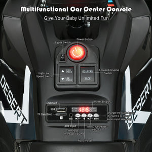 Multifunctional car center console with various controls and display on a black background.