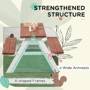 Illustration of a wooden outdoor table with chairs, labeled 'Strengthened Structure' and 'Wide Armrests'.