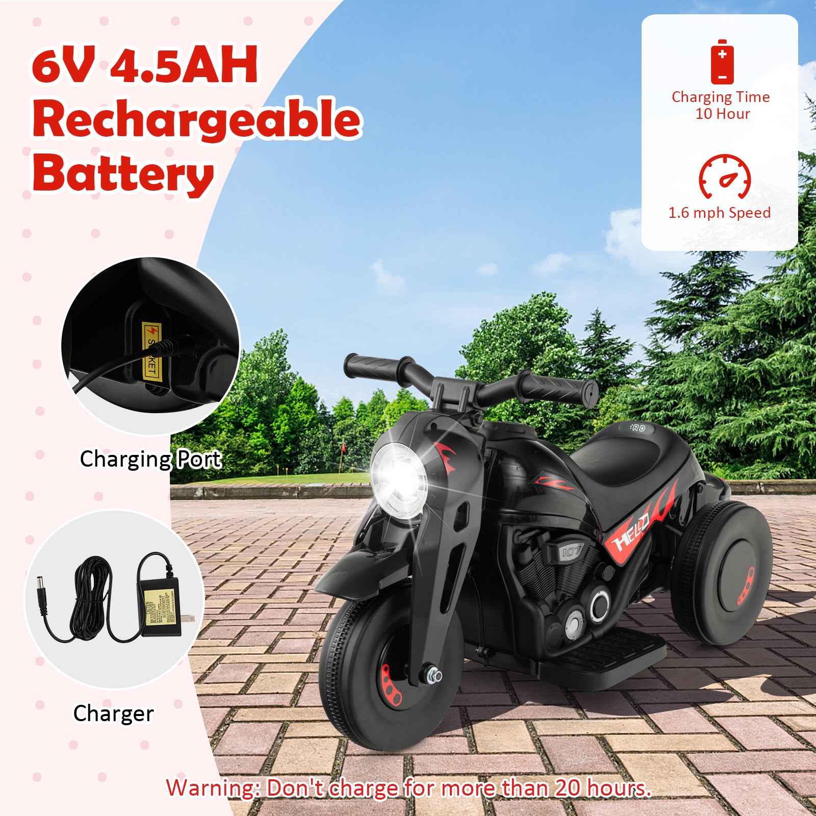 Children's electric motorcycle with 6V 4.5AH rechargeable battery on a scenic background