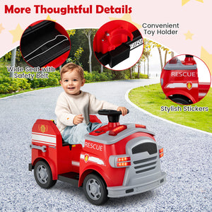 Child playing with a red toy fire truck on a road, with close-ups of features like a wide seat with safety belt, convenient toy holder, and stylish stickers.