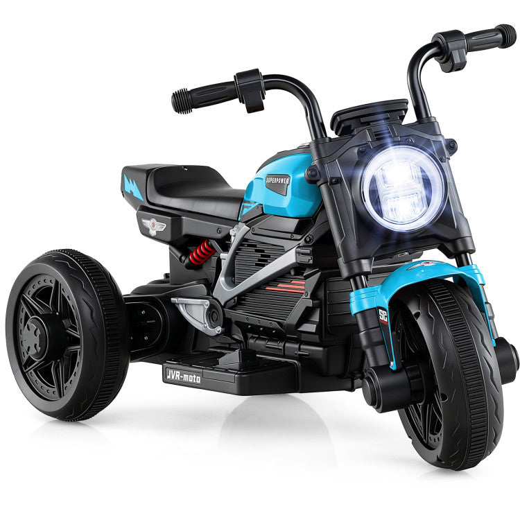 Toy motorcycle with blue and black color scheme on a white background