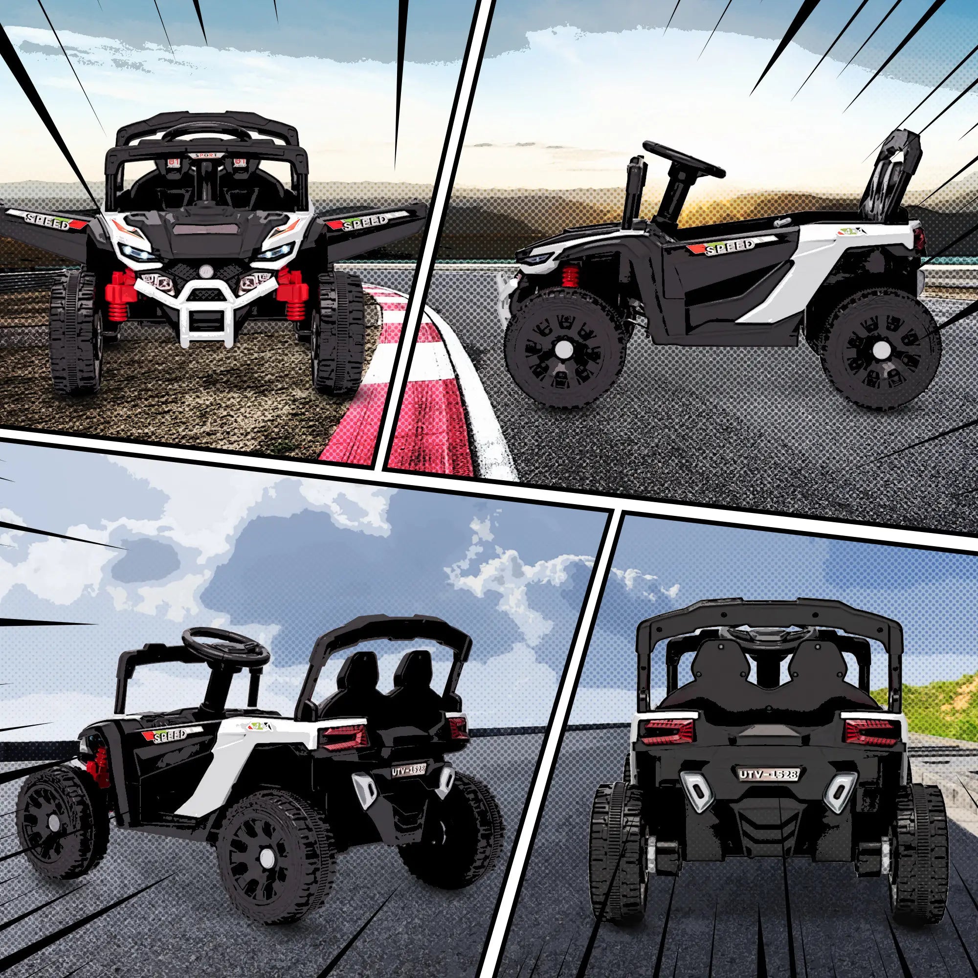 Collage of a black and white toy off-road vehicle from different angles.