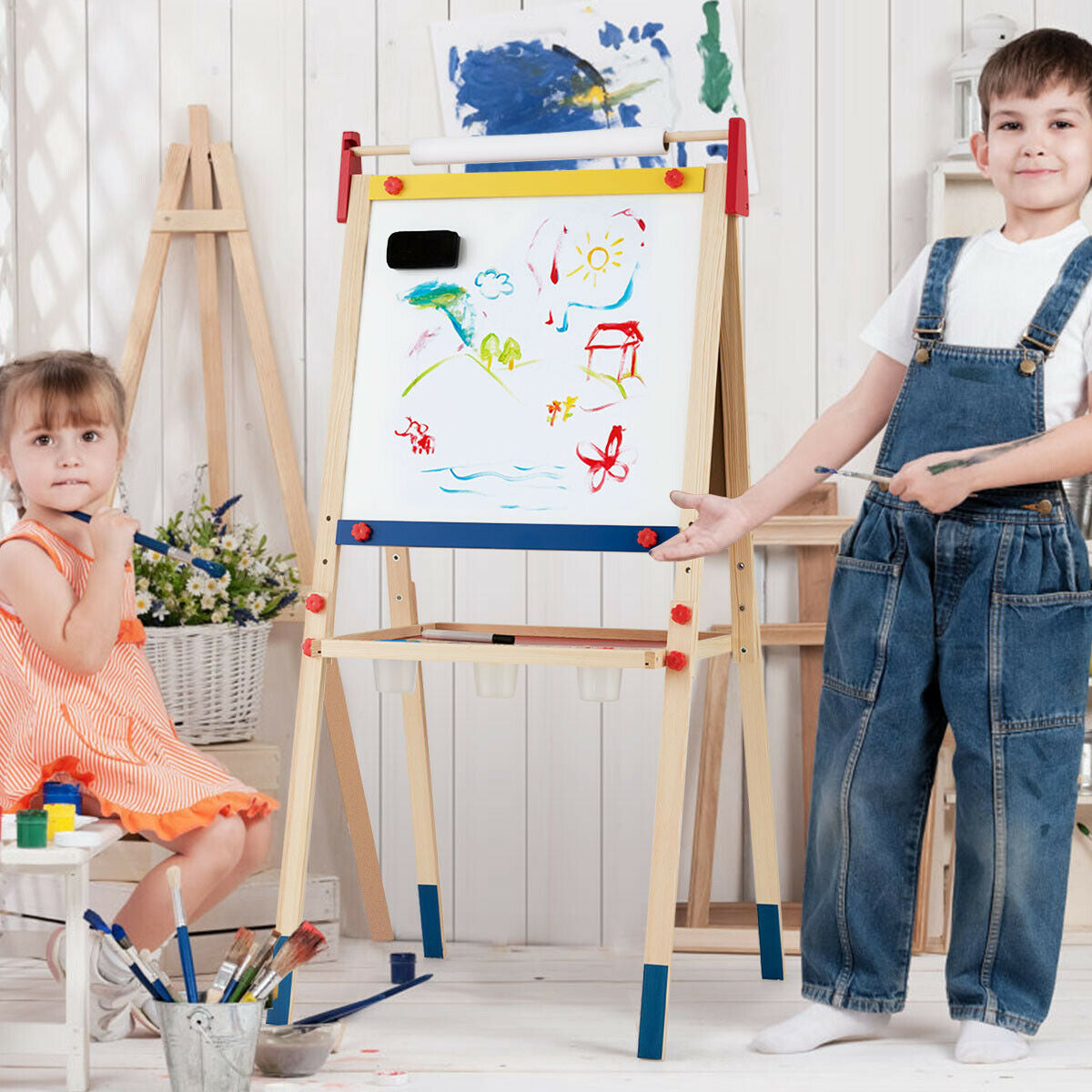 Kids painting board with paper roll and accessories