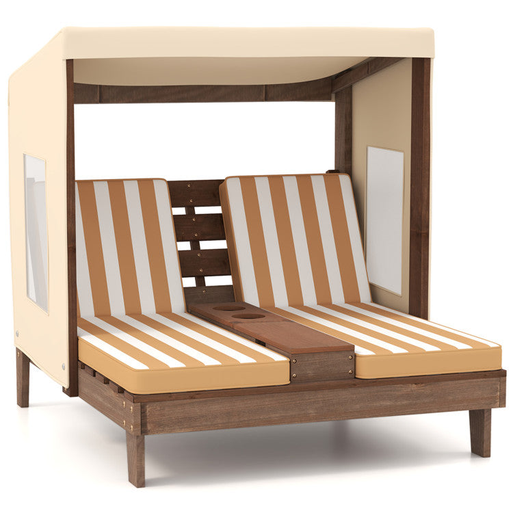 Wooden outdoor lounge chair with striped cushion on a white background