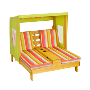 Children's playhouse with colorful striped cushions on a white background