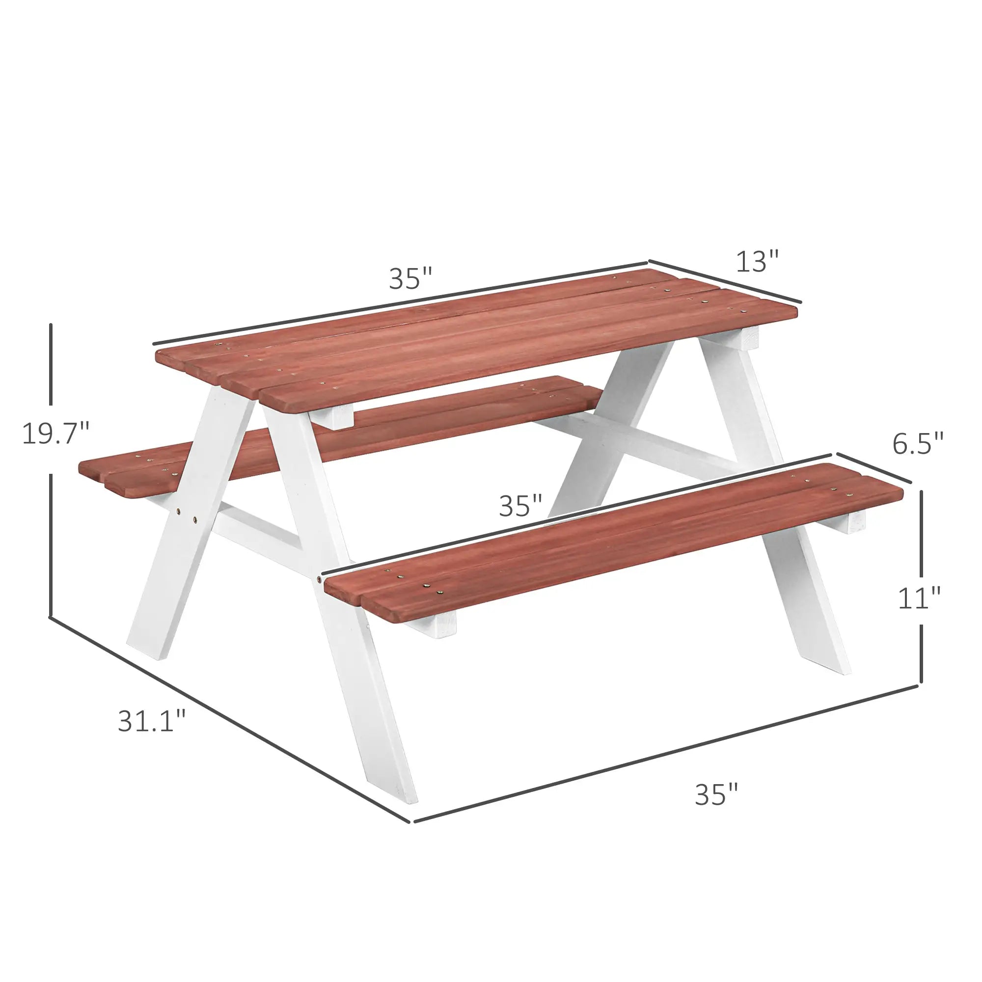 Dimensions of a wooden picnic table with red-brown top and white legs on a white background