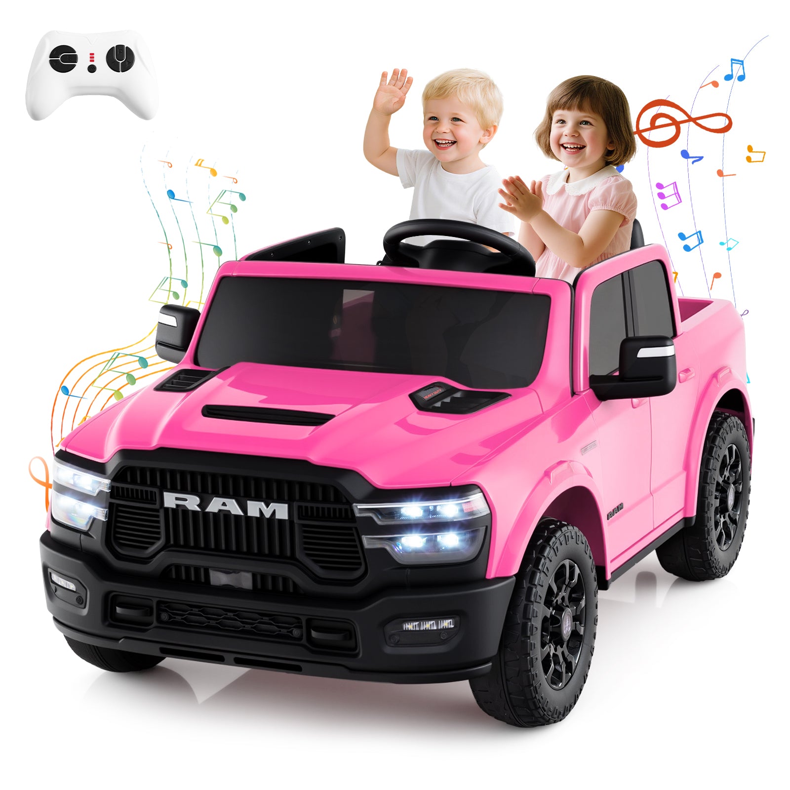Pink toy truck with children inside, remote control, and musical notes on a white background