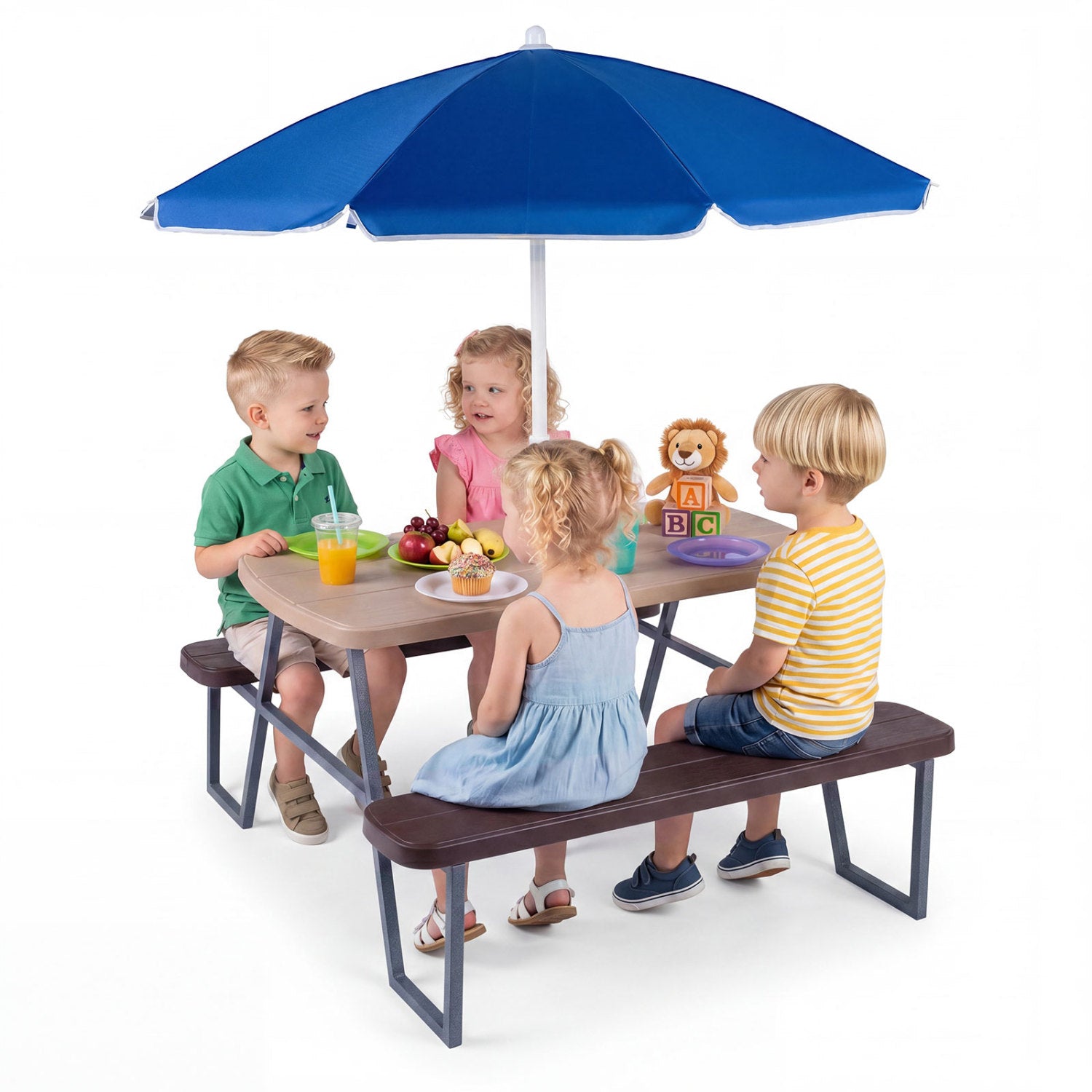Children sitting at a table with a blue umbrella on a white background
