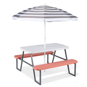 Children's picnic table with red benches and a striped umbrella on a white background