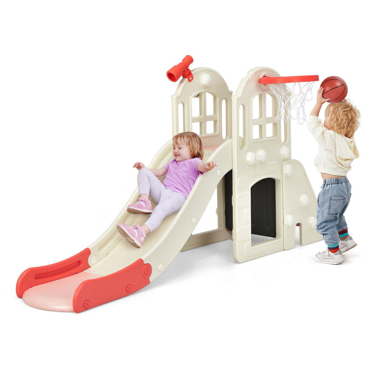 Children playing on a playground slide and playset with a basketball hoop.