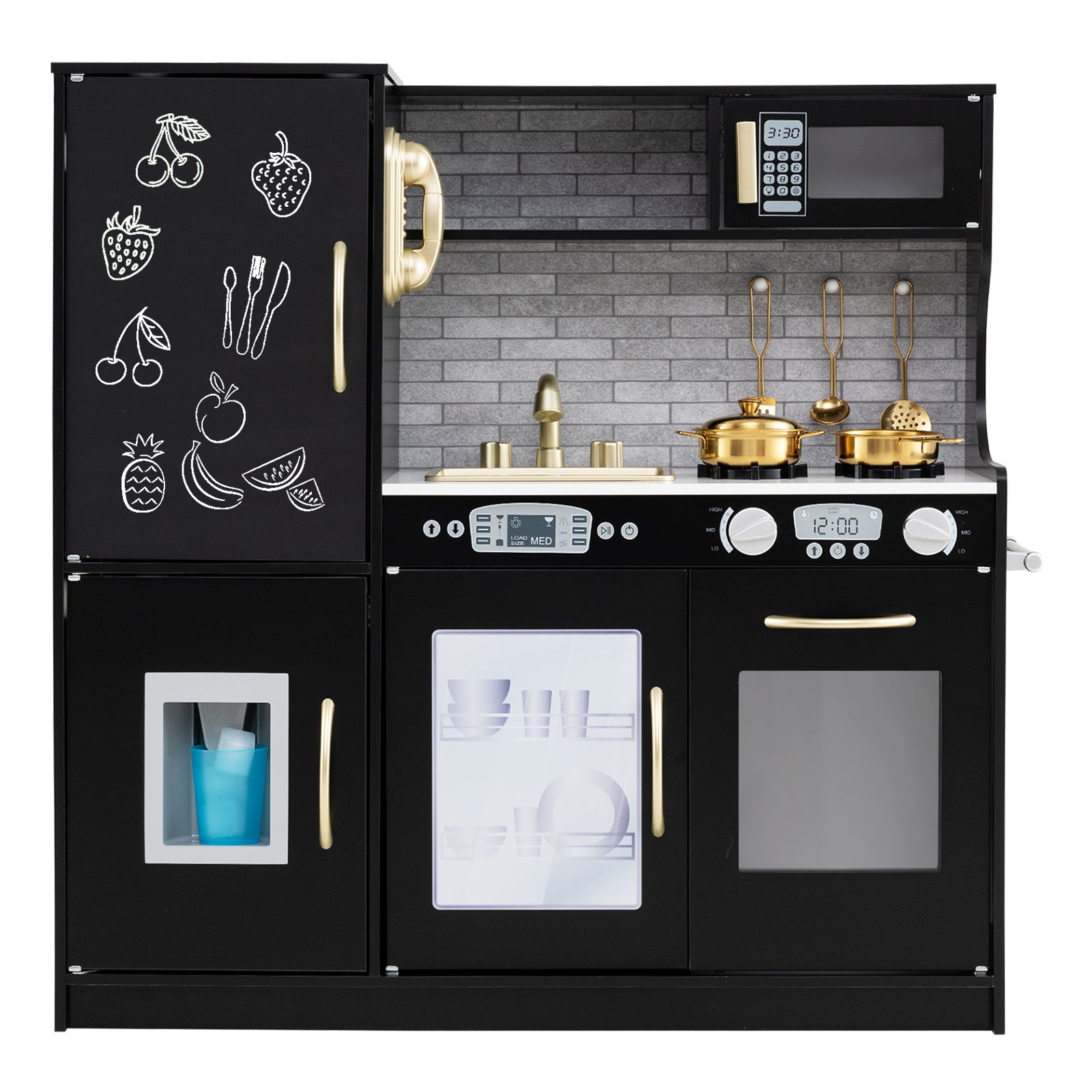 Toy kitchen with built-in ice maker and interactive play features