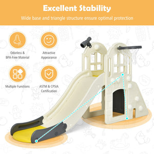 Children's playground slide with stability features highlighted on a white background
