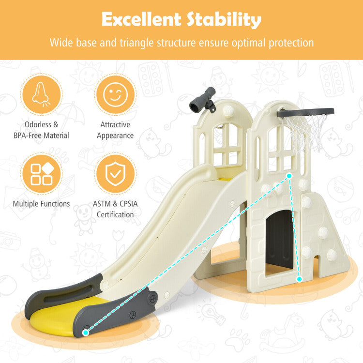 Children's playground slide with stability features highlighted on a white background