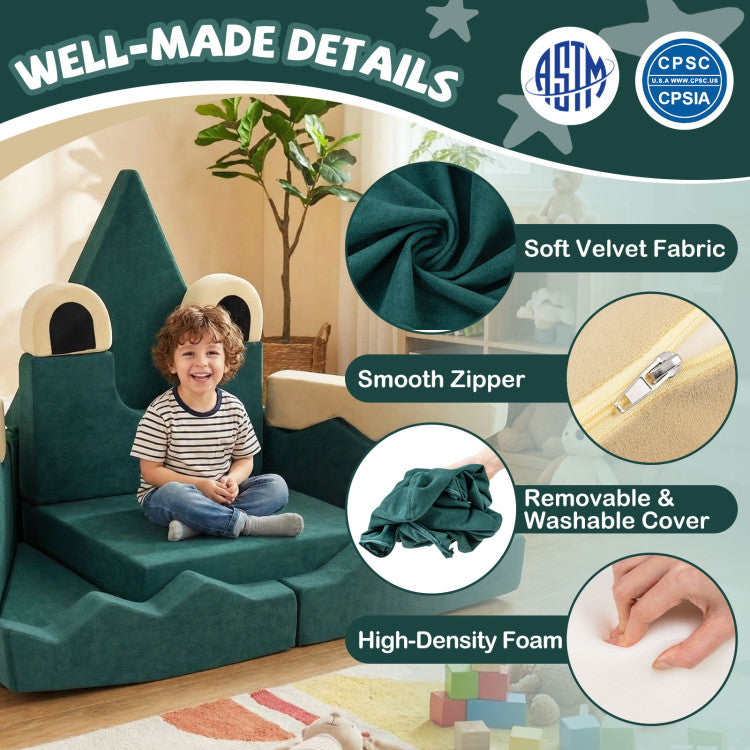 Children's play area with green cushioned seating, featuring soft velvet fabric, smooth zipper, removable cover, and high-density foam, with a child sitting on it.