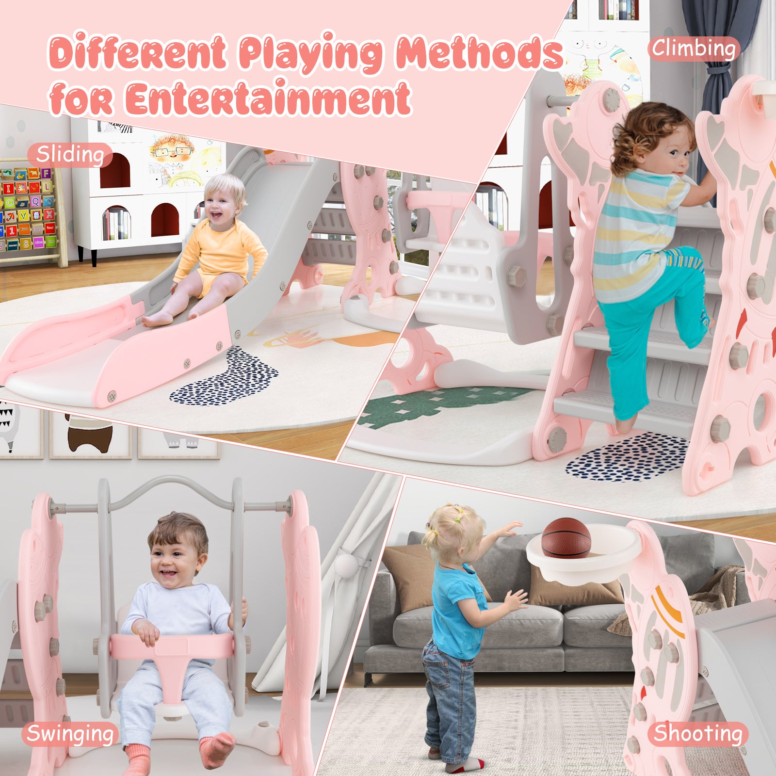 Collage of a child using a play structure with text indicating different playing methods.