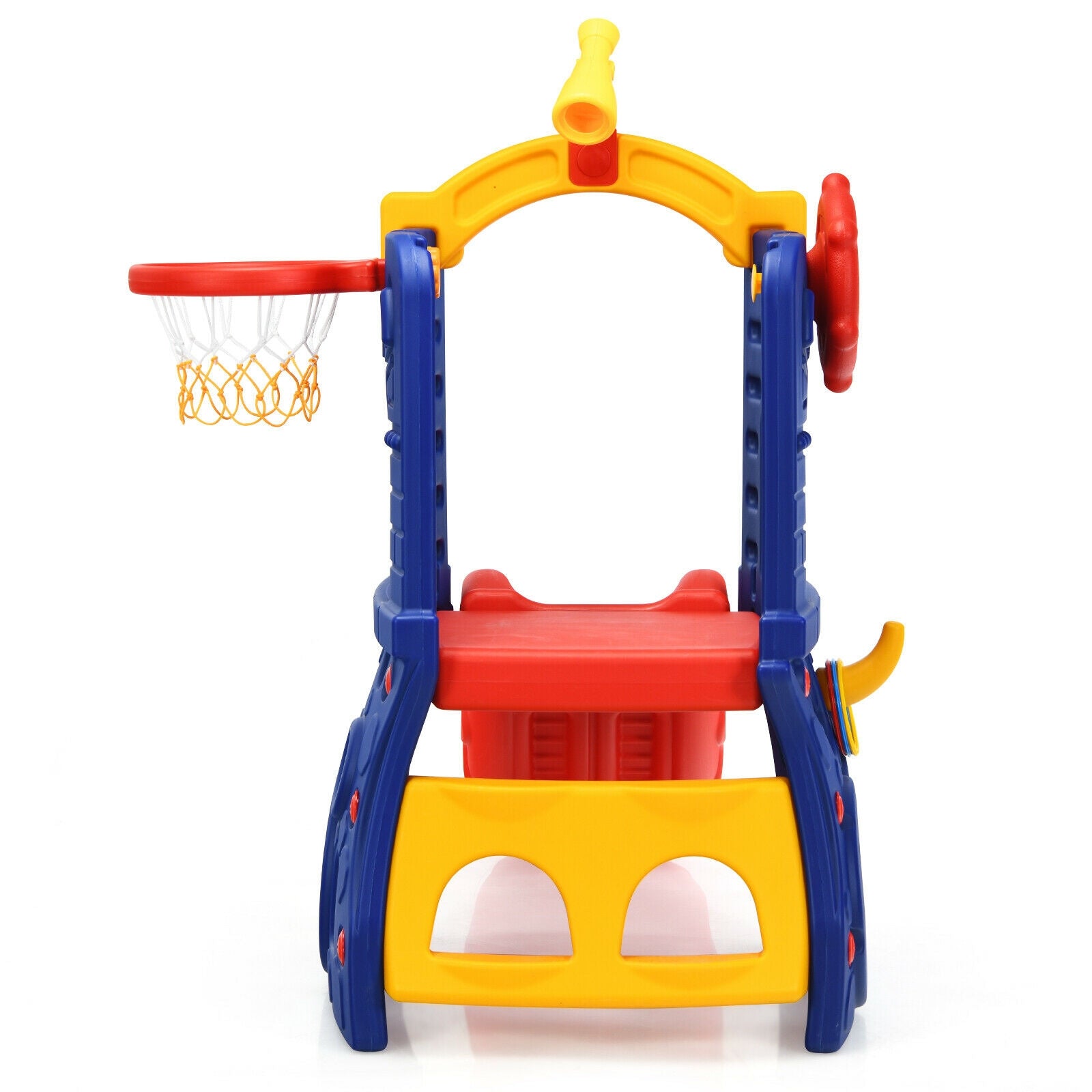 Colorful children's play set with a basketball hoop on a white background