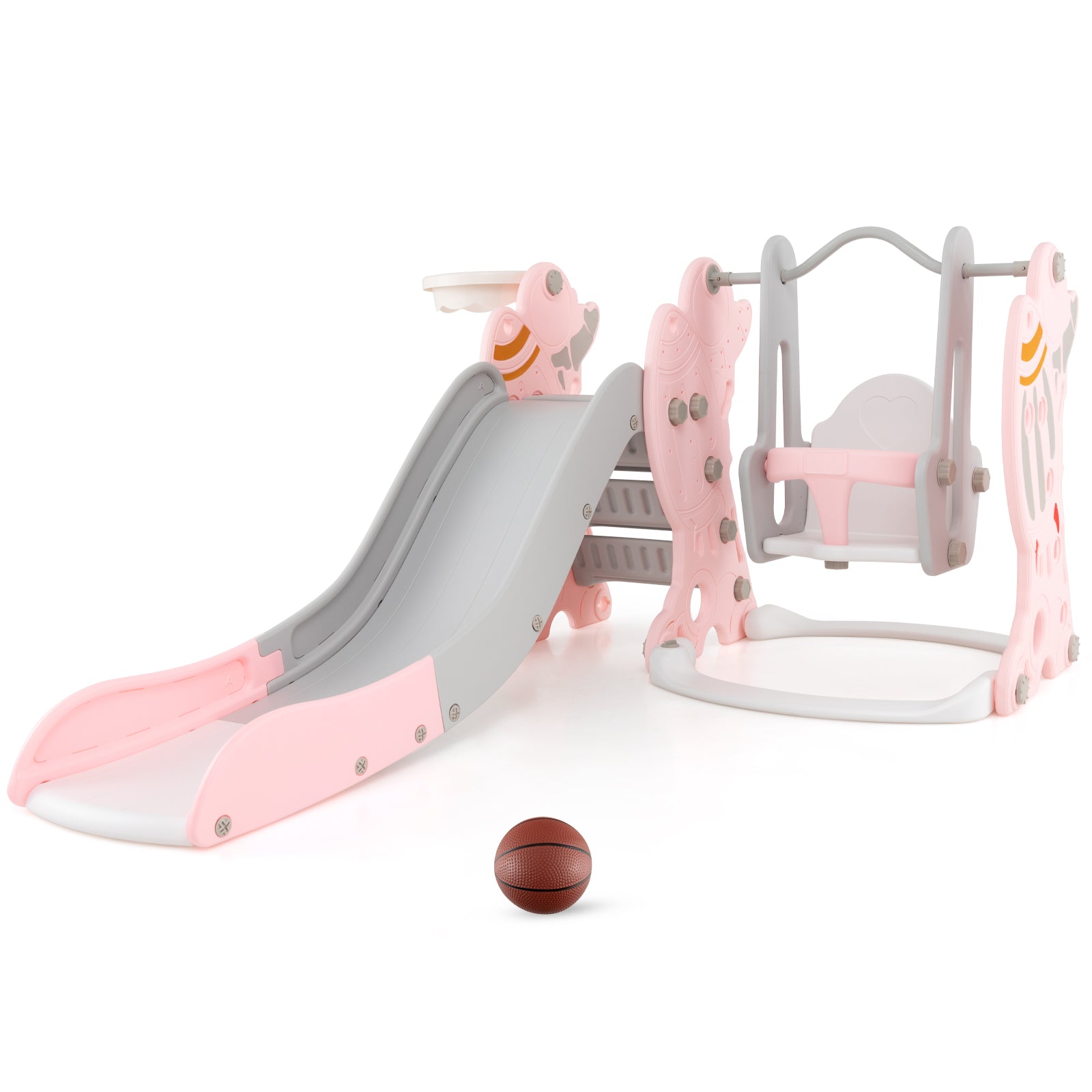 Children's playground set with slide, swing, and ball on a white background