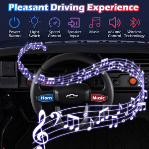 Car dashboard with steering wheel and LED strip displaying music notes, surrounded by control icons.