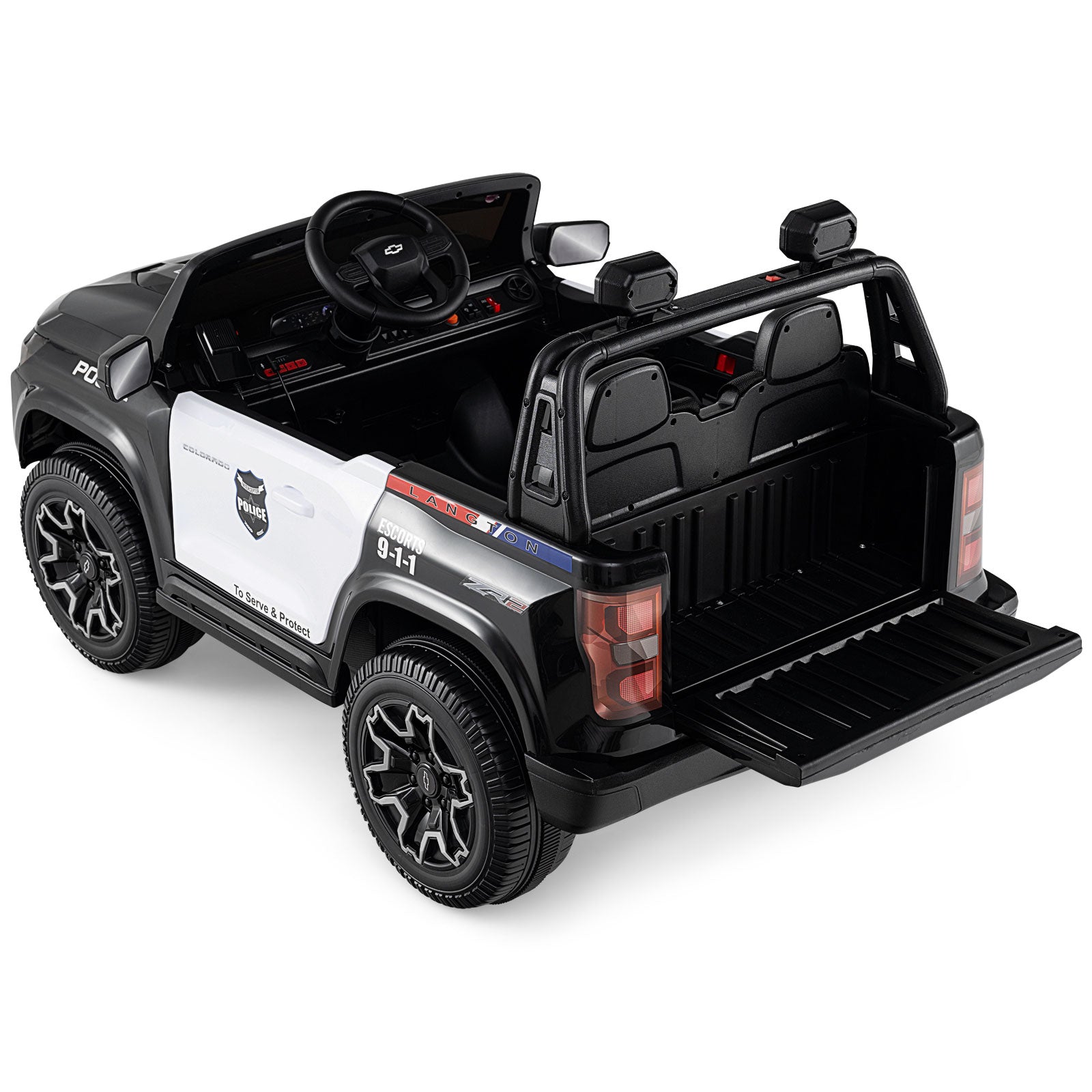 Toy police car with open back on a white background