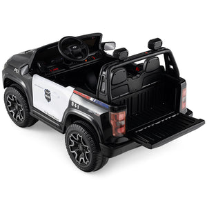 Toy police car with open back on a white background