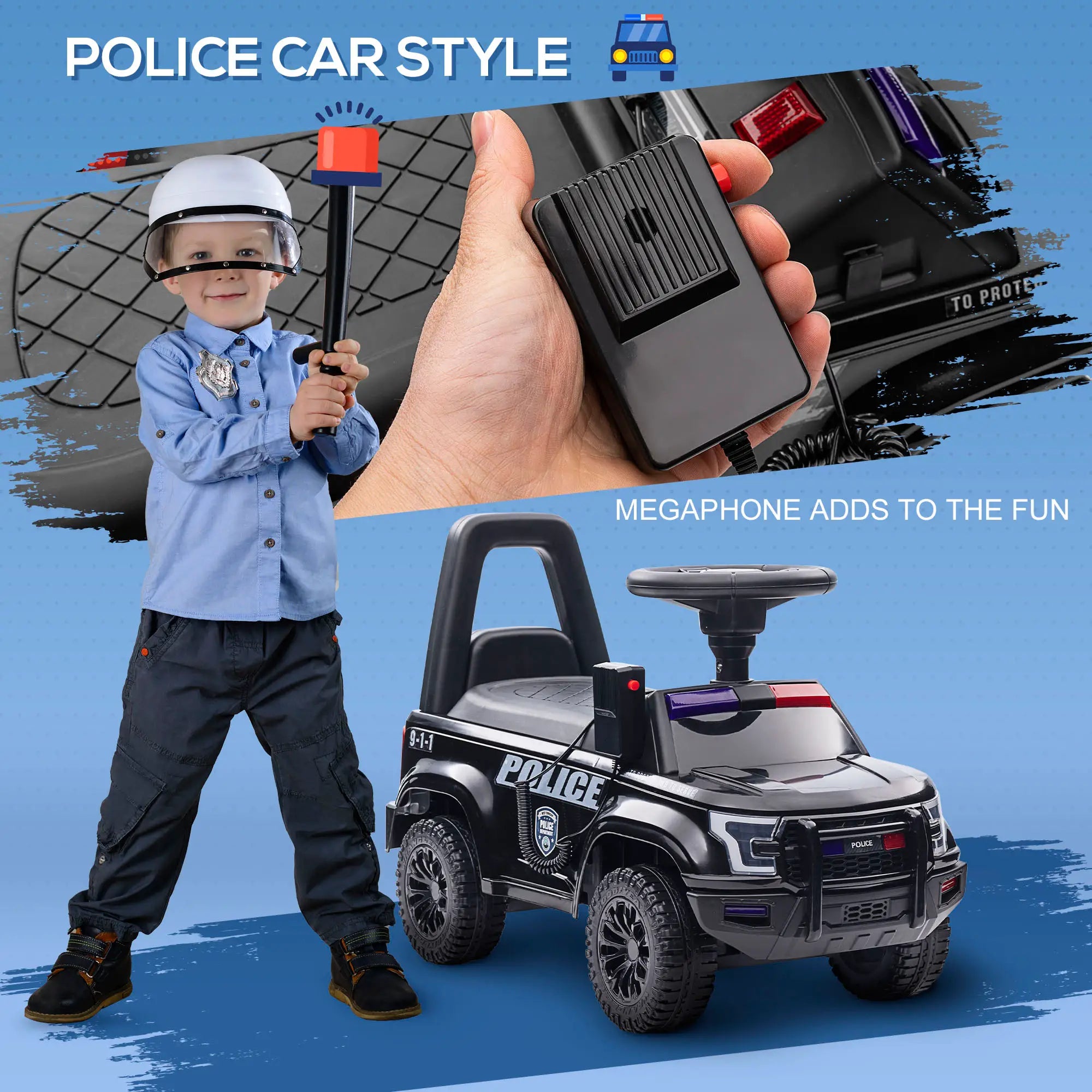 Child in police costume with toy police car, megaphone, and charging adapter on a blue background.