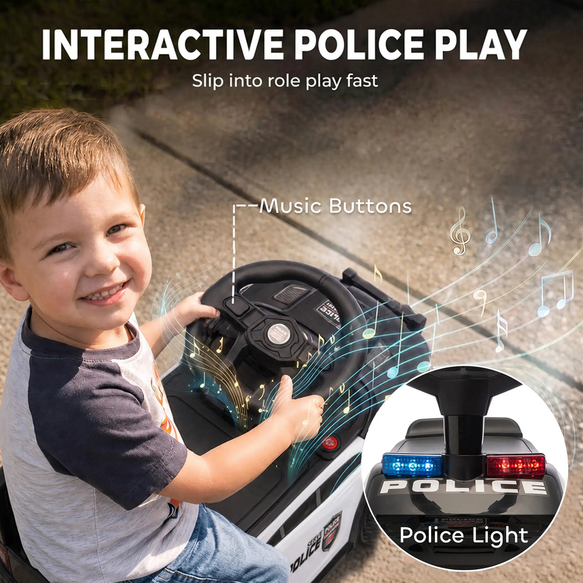 A young boy smiling while riding a toy police car on a paved outdoor surface. The product has a black steering wheel with glowing blue light effects, music button graphics, and a circular inset showing the back of the toy with red and blue police lights and the word POLICE.
