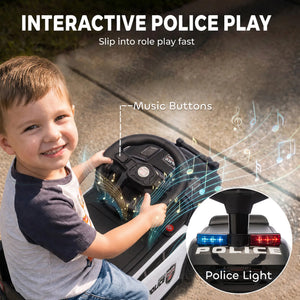 A young boy smiling while riding a toy police car on a paved outdoor surface. The product has a black steering wheel with glowing blue light effects, music button graphics, and a circular inset showing the back of the toy with red and blue police lights and the word POLICE.