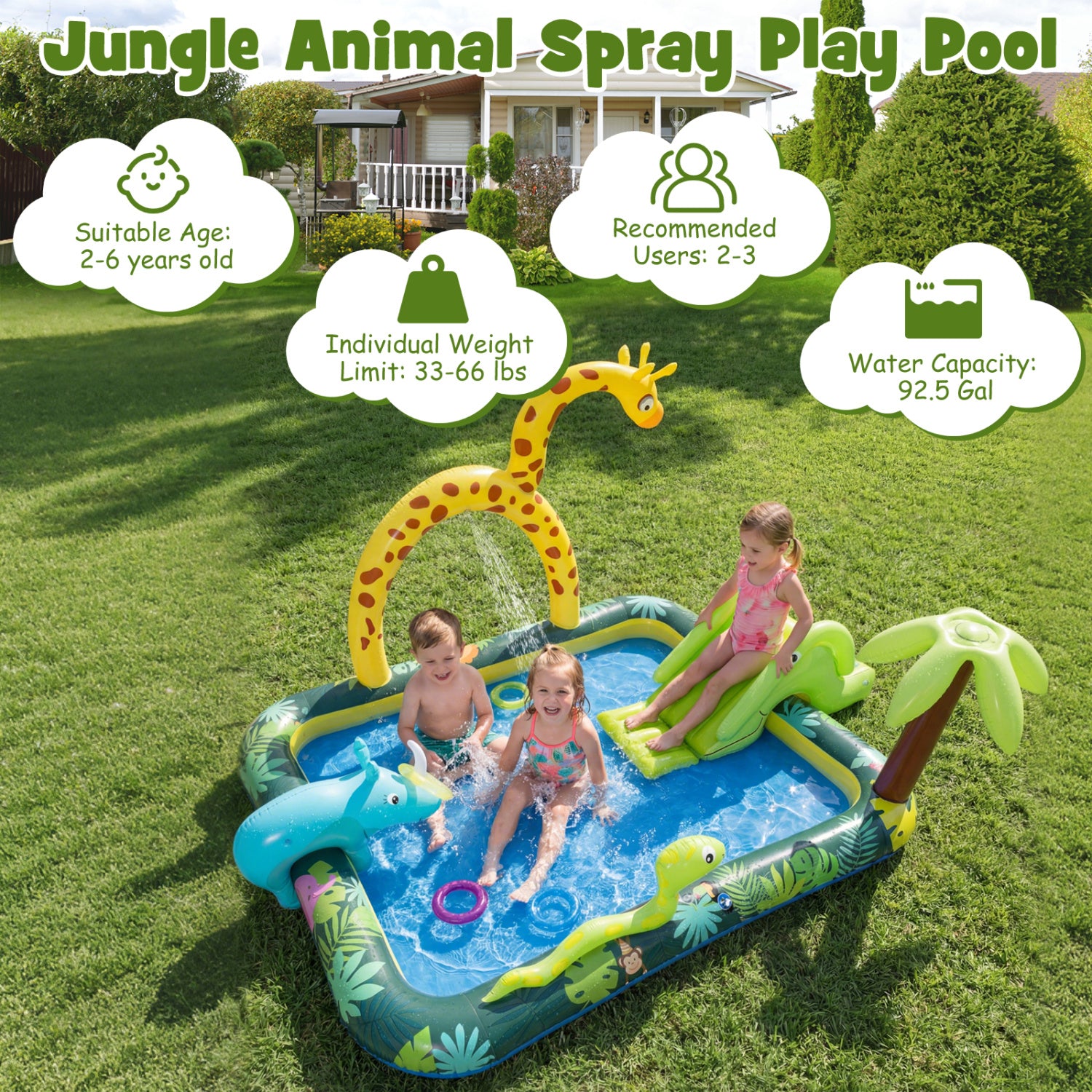 Children playing in a jungle-themed inflatable spray play pool on grass