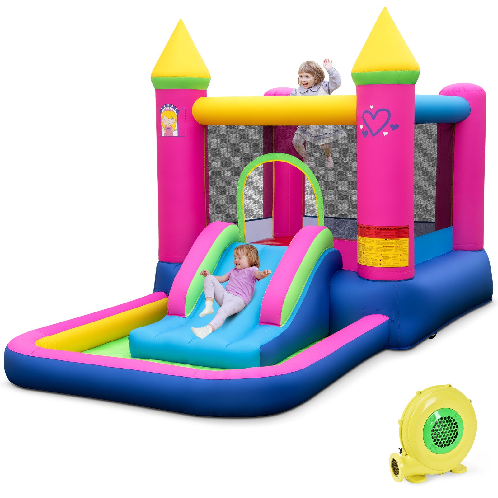Colorful inflatable playground with slide and castle design, featuring a child playing on it.