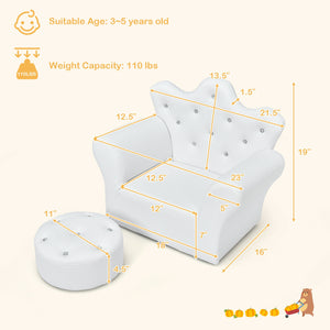 Children's chair and ottoman set with measurements and suitability details on a light background