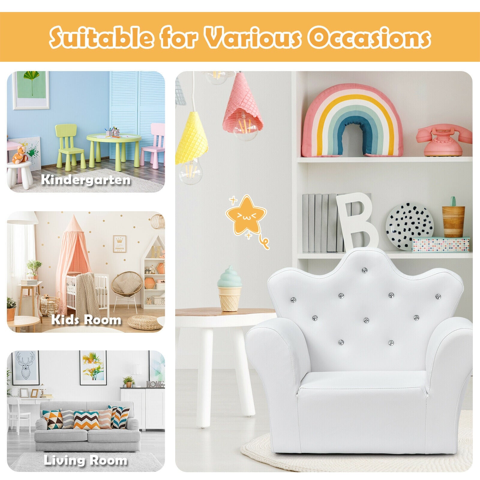 White children's chair in a room with educational decor, suitable for various occasions.